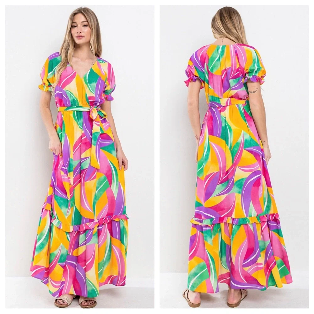 34 Boho Multi Color Print Tiered Maxi Dress - Picture 3 of 3